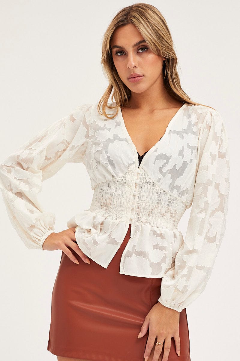 Beige Peplum Top Long Sleeve V-Neck - Image 3