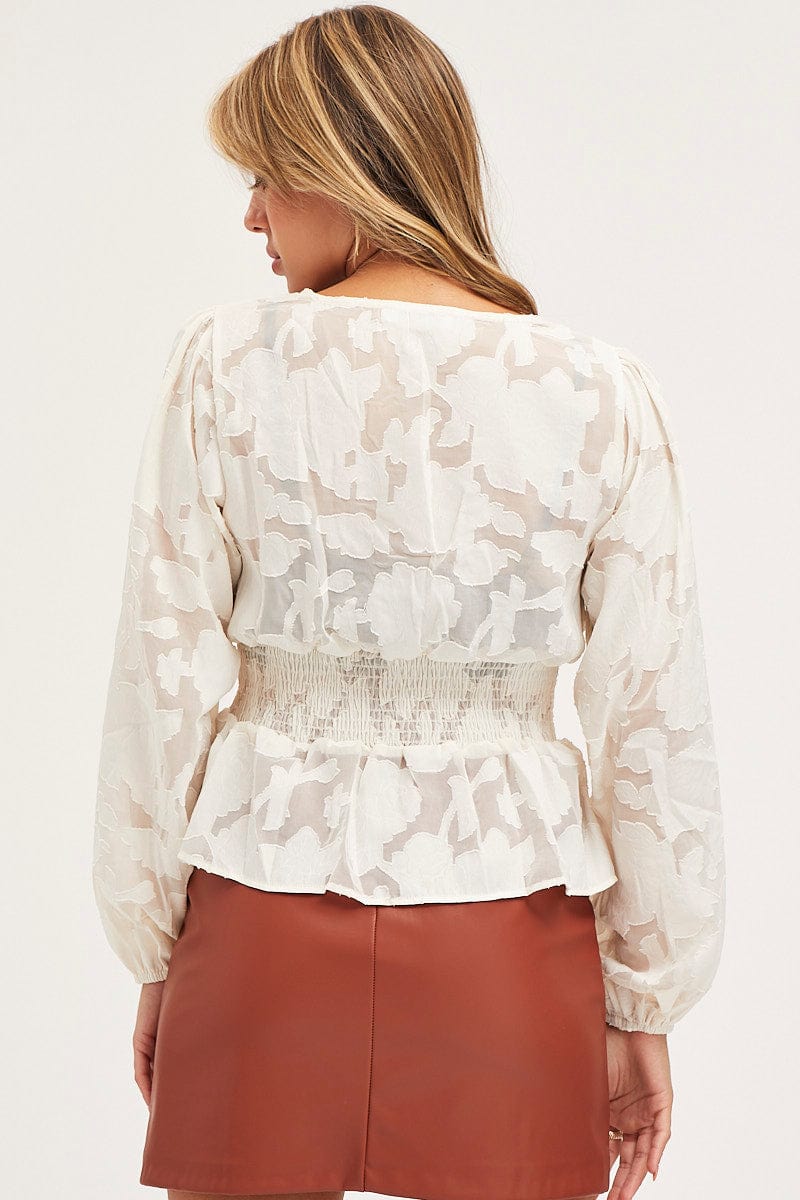 Beige Peplum Top Long Sleeve V-Neck - Image 5