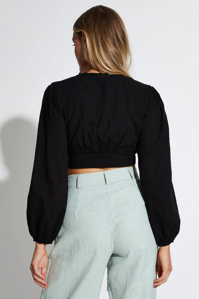 Black Crop Top Long Sleeve V-Neck - Image 4