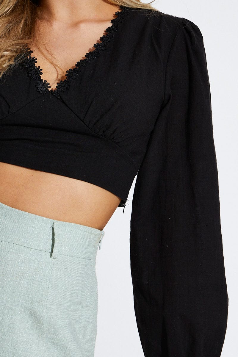 Black Crop Top Long Sleeve V-Neck - Image 5