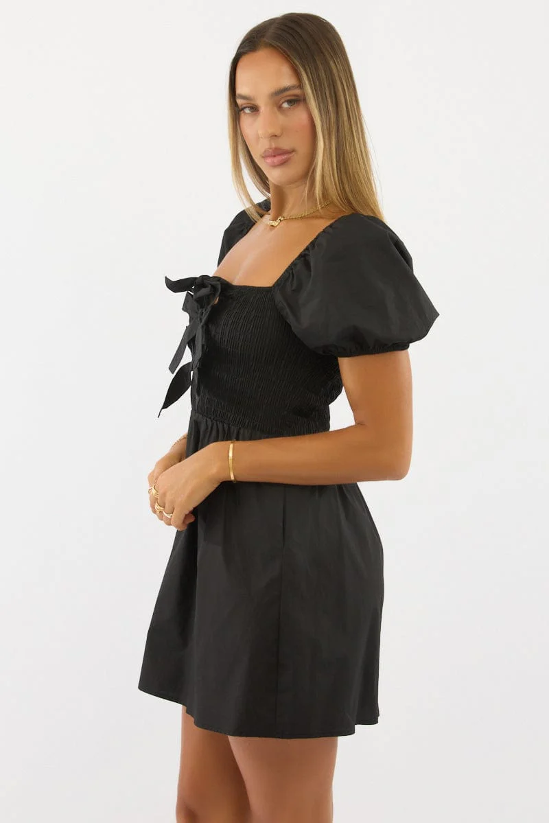 Black Mini Dress Ribbon Detail - Image 3