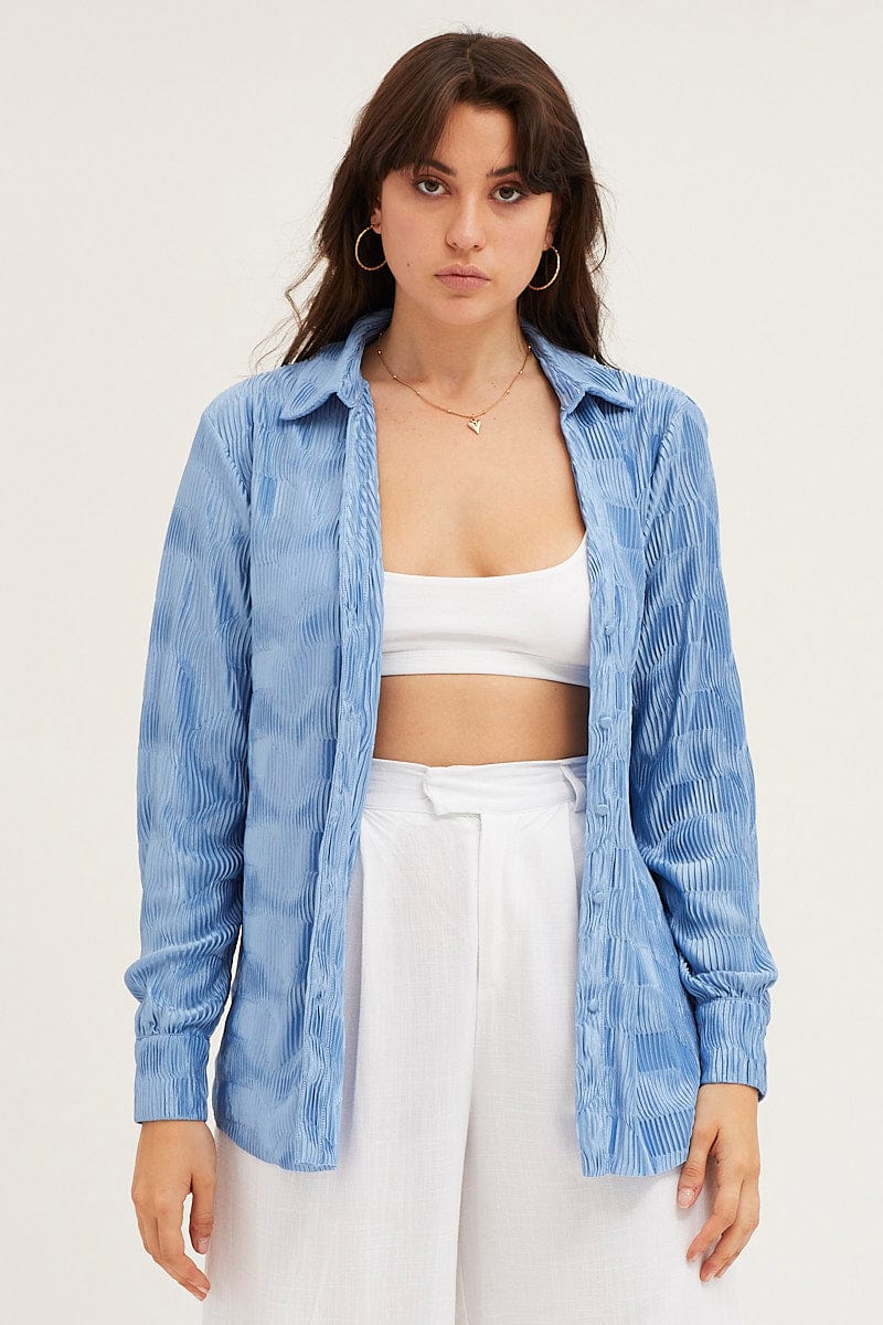 Blue Long Sleeve Plisse Shirt - Image 3