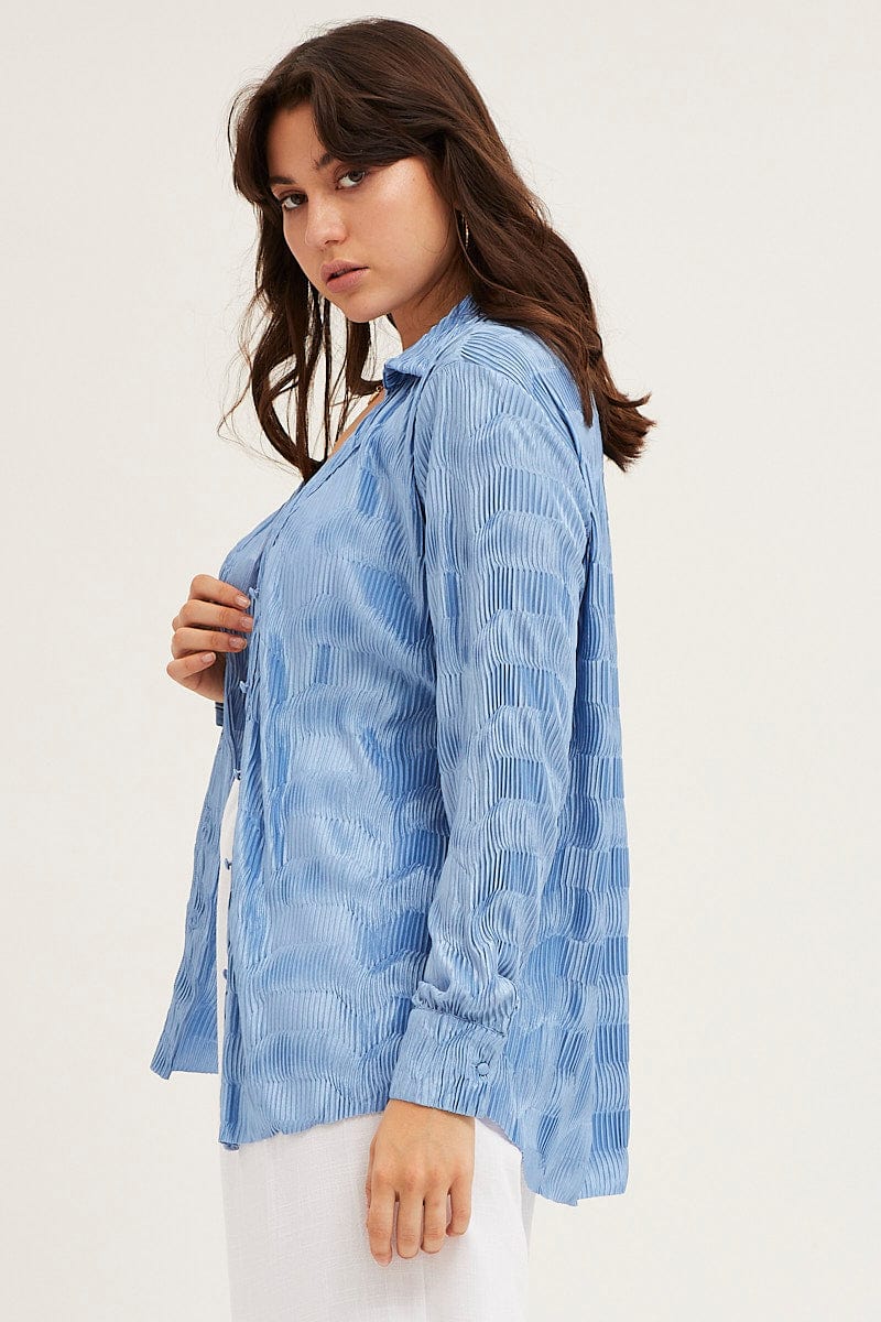 Blue Long Sleeve Plisse Shirt - Image 4