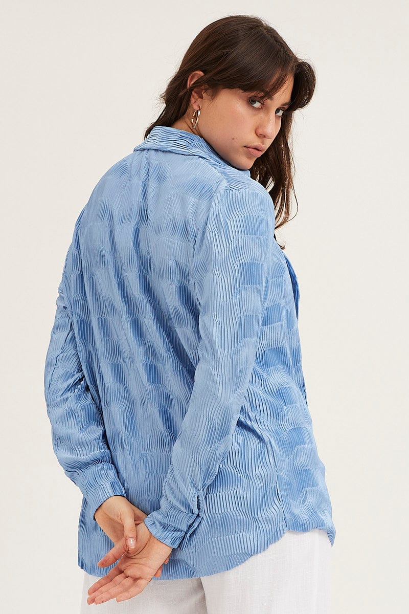 Blue Long Sleeve Plisse Shirt - Image 5
