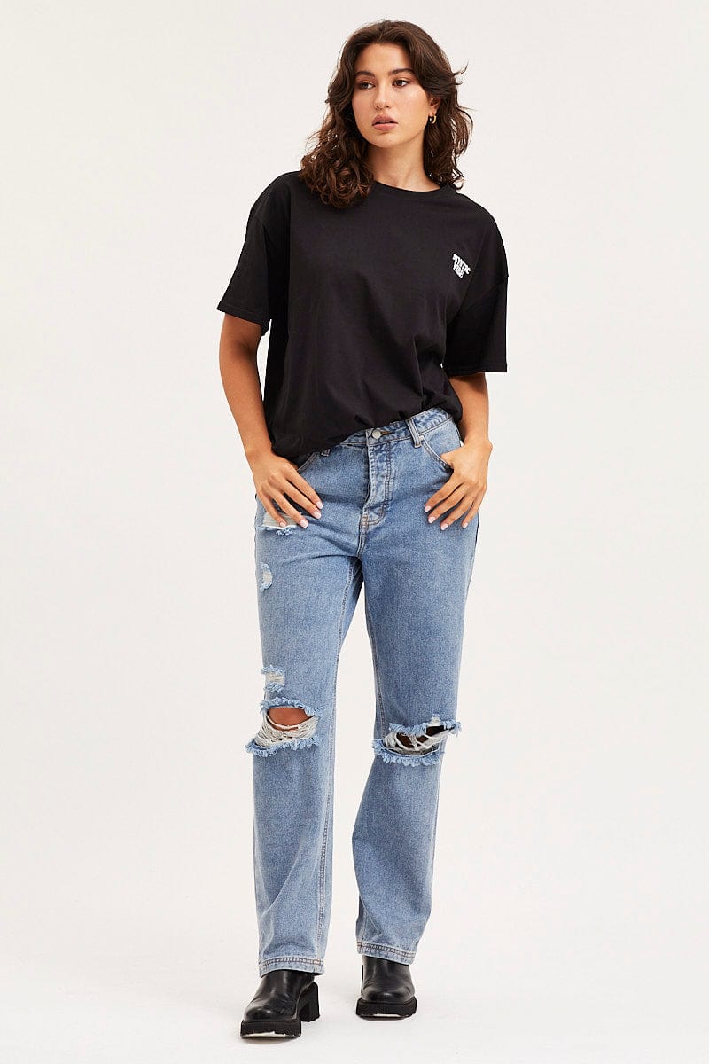 Blue Unisex Boyfriend Denim Jeans Mid Rise - Image 3