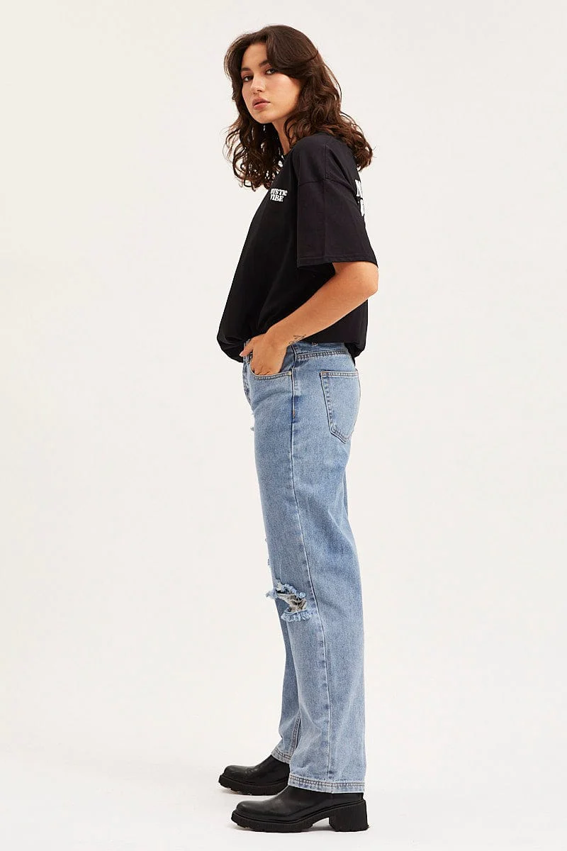Blue Unisex Boyfriend Denim Jeans Mid Rise - Image 4