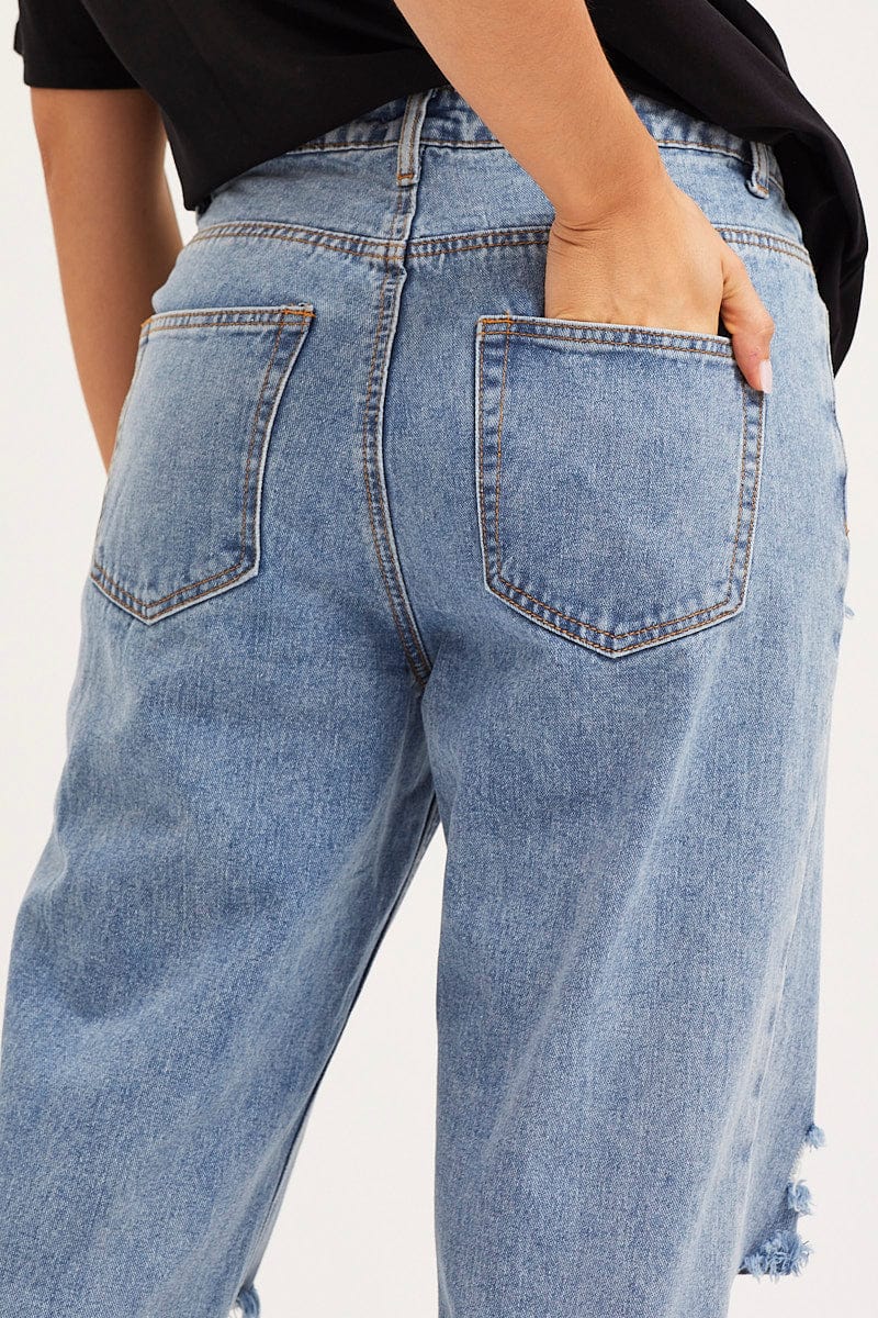 Blue Unisex Boyfriend Denim Jeans Mid Rise - Image 6