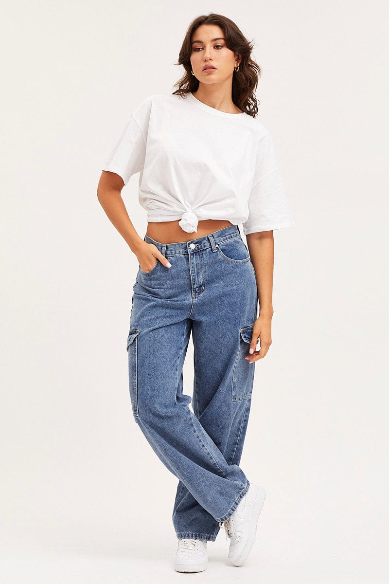 Blue Unisex Cargo Denim Jeans Mid Rise - Image 3