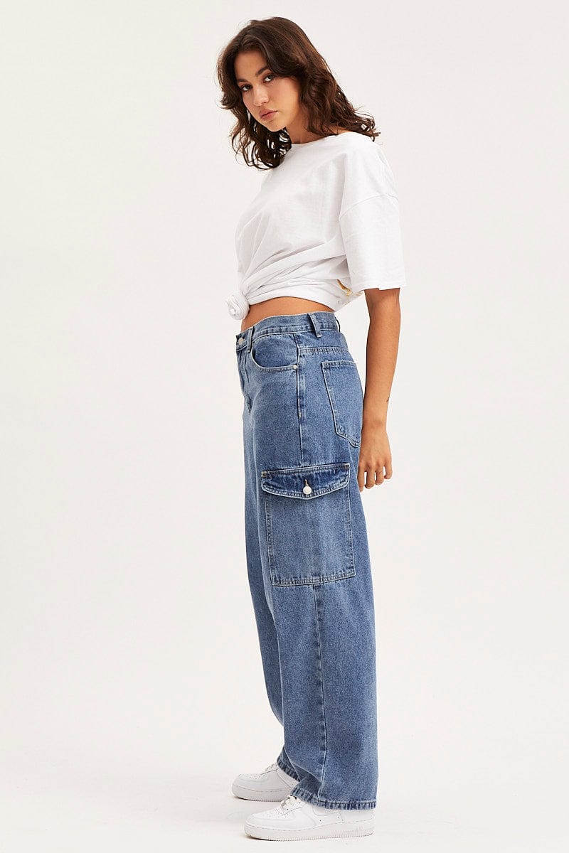 Blue Unisex Cargo Denim Jeans Mid Rise - Image 4