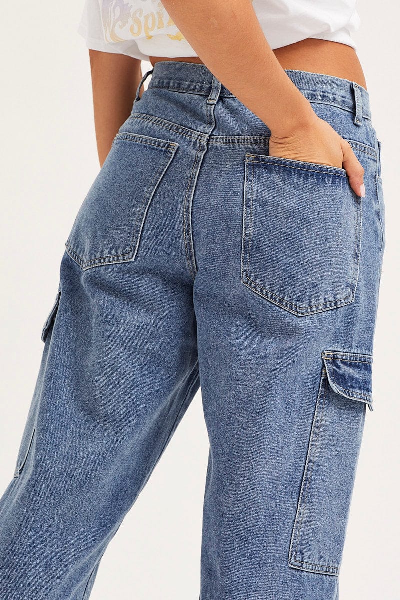 Blue Unisex Cargo Denim Jeans Mid Rise - Image 6