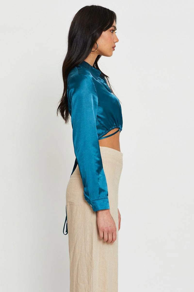 Blue Wrap Blouse Long Sleeve Collared Satin - Image 4