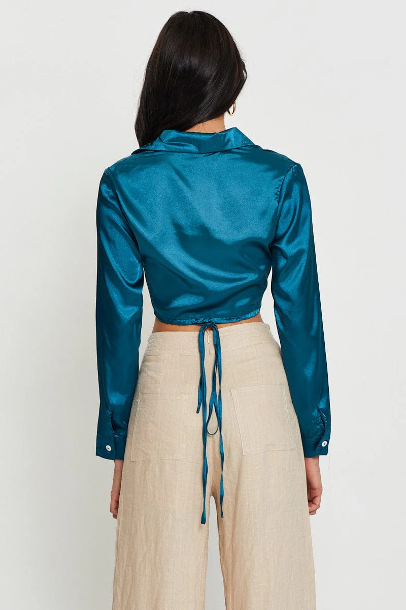 Blue Wrap Blouse Long Sleeve Collared Satin - Image 5