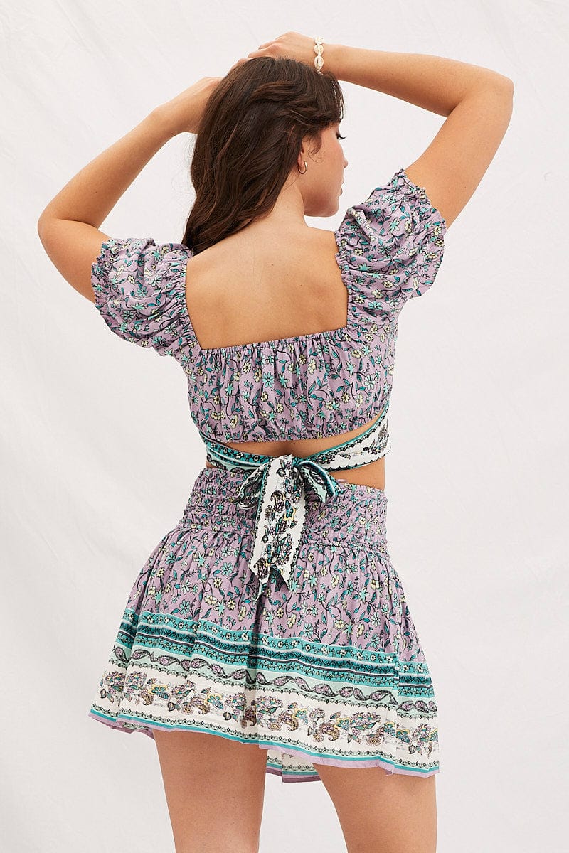Boho Print Round Neck Puff Sleeve Crop Top - Image 5