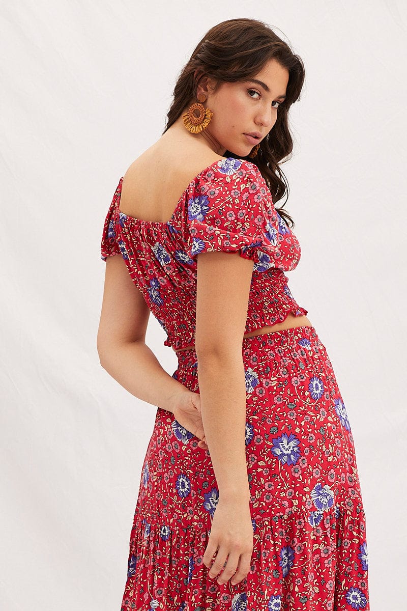 Boho Print Square Neck Puff Sleeve Crop Top - Image 5