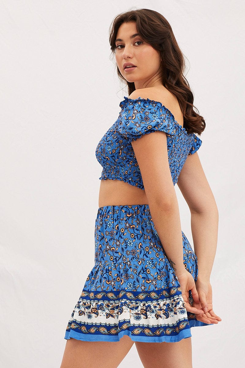 Boho Print Square Neck Puff Sleeve Shirred Crop Top - Image 4