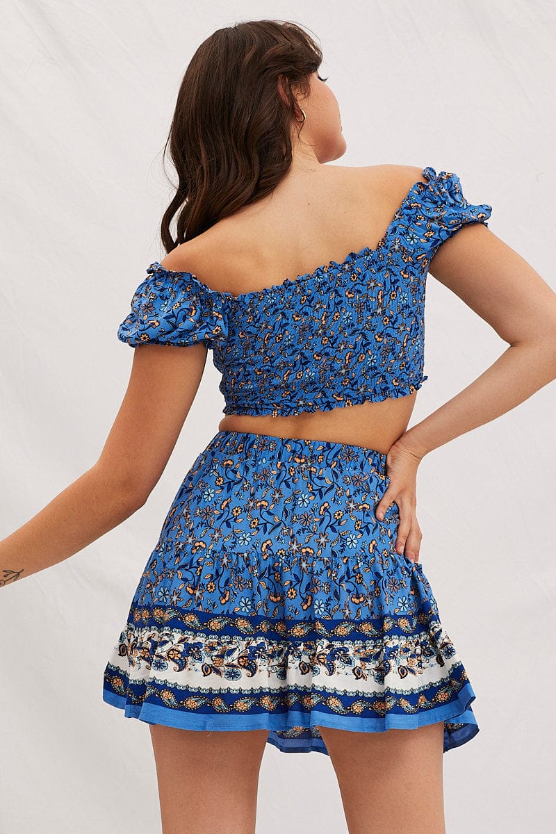 Boho Print Square Neck Puff Sleeve Shirred Crop Top - Image 5