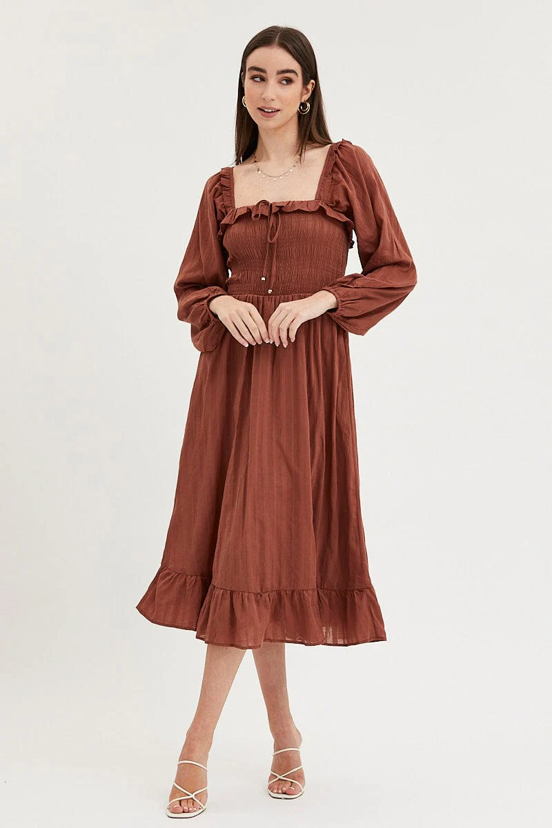 Brown Midi Dress Long Sleeve Evening - Image 3