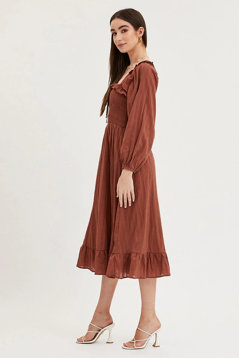Brown Midi Dress Long Sleeve Evening - Image 4