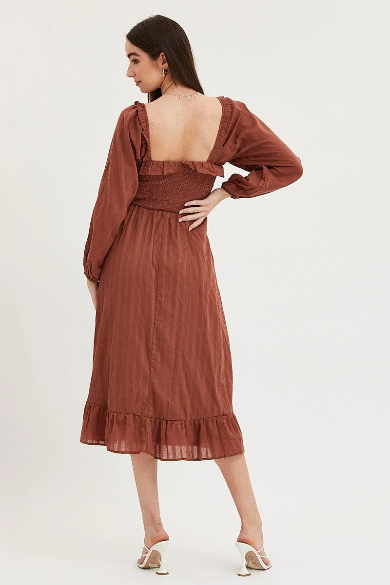 Brown Midi Dress Long Sleeve Evening - Image 5
