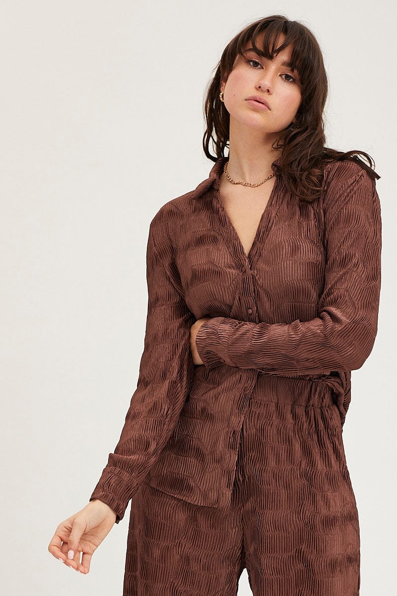 Brown Plisse Shirts Long Sleeve - Image 3