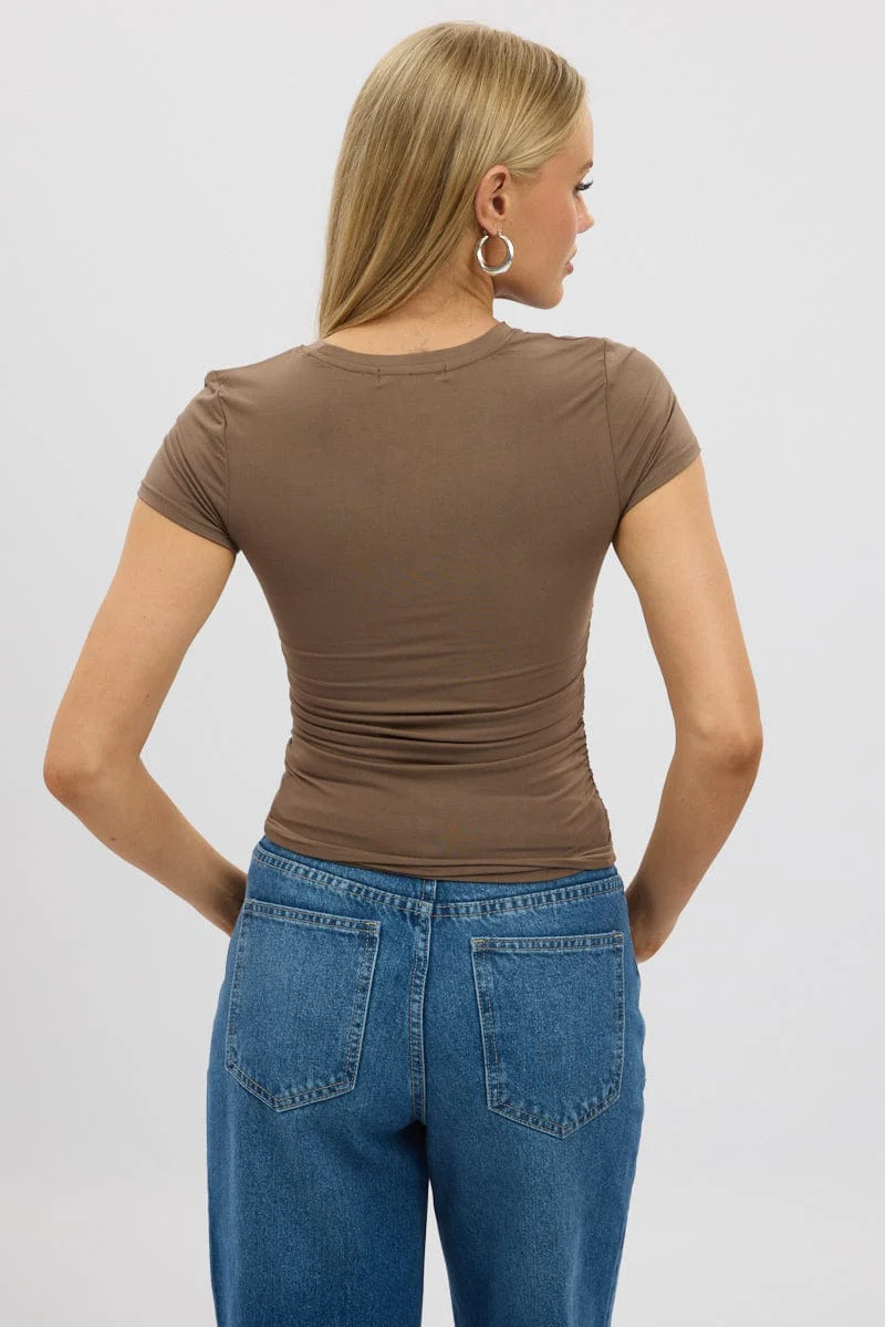 Brown T-Shirt Short Sleeve Crew Neck Modal - Image 5