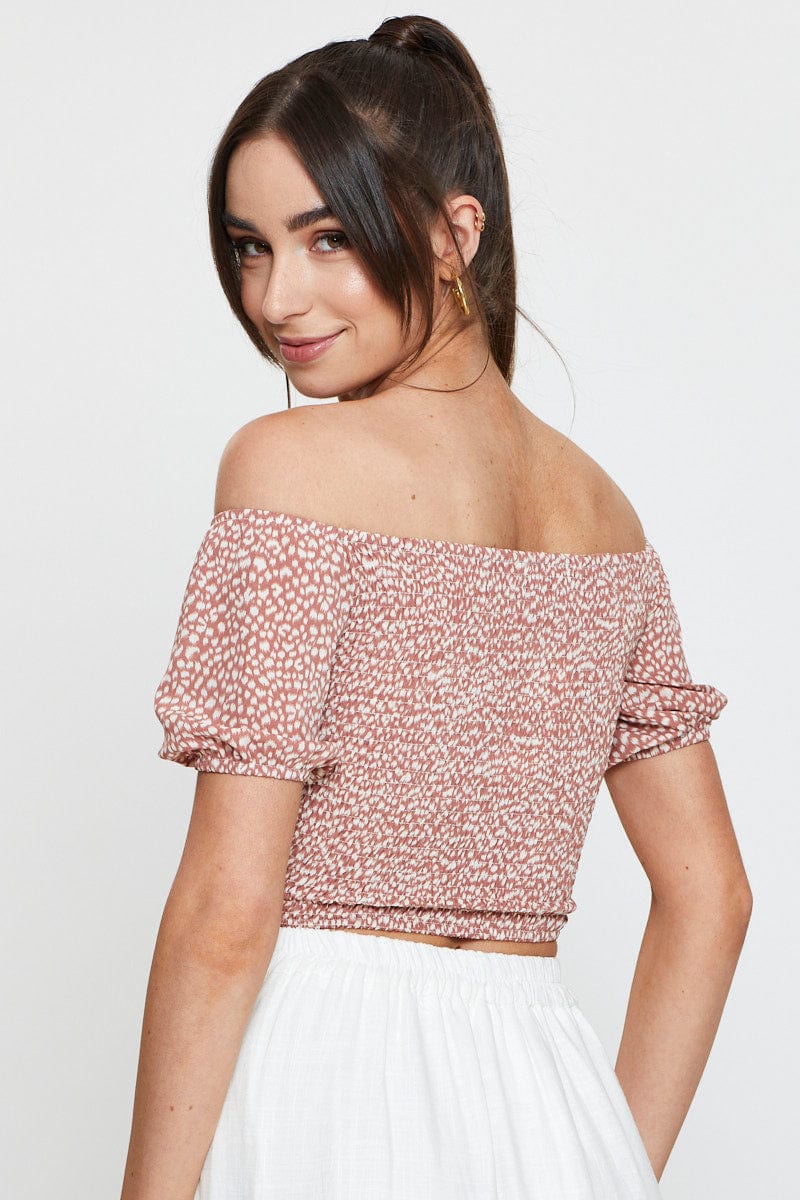 Geo Print Puff Sleeve Top Short Sleeve Crop Off Shoulder - Image 5