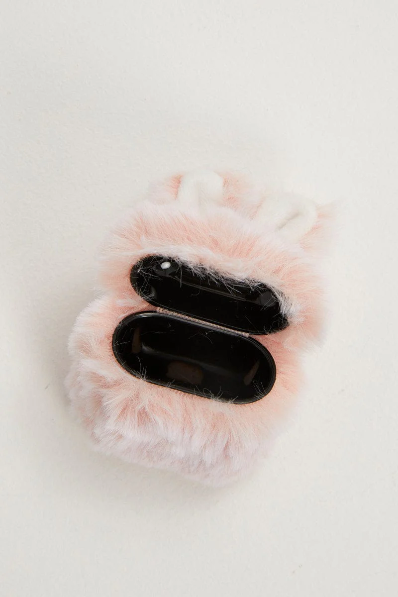 Pink Faux Fur Bunny Air Pod Case With Ears - Image 3