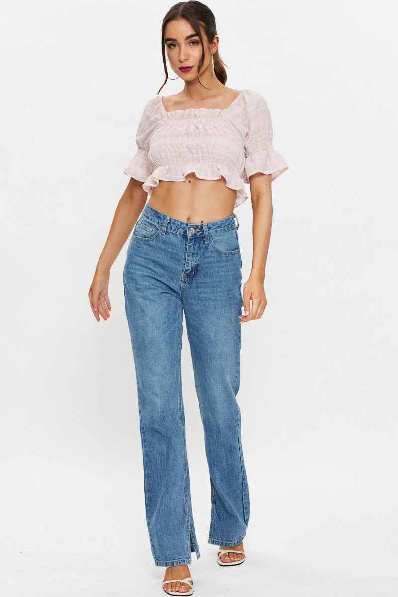 Pink Short Sleeve Textured Shirred Puff Sleeve Crop Top - Image 3