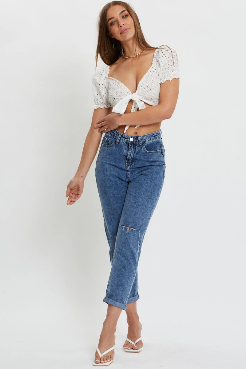 White Puff Sleeve Top Short Sleeve Crop - Image 3